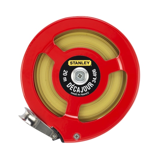 STANLEY 0-34-406 tape measure with red circular casing and brass tape, front angle on white background.