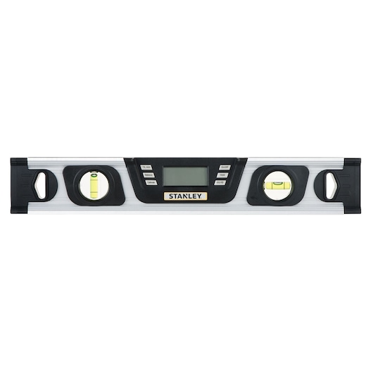 STANLEY 0-42-063 digital spirit level with LCD display, silver body, and three bubble vials, front view.