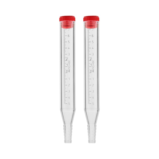 STANLEY 0-42-430 pair of clear plastic measuring vials with red caps, photography, front view on white background.
