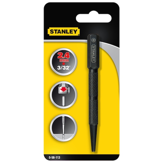 Stanley 0-58-113 punch tool in black, 2.4 mm size, on retail packaging, front angle.