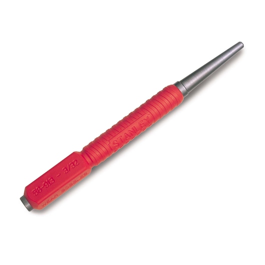 STANLEY 0-58-913 red-handled pin punch, photography, angled view on white background.