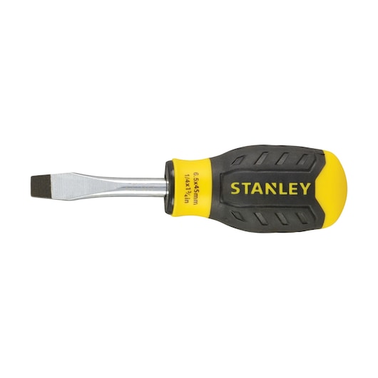 Stanley flathead screwdriver with a yellow and black handle, compact design.