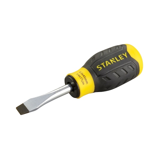 STANLEY 0-64-917 stubby flathead screwdriver with yellow and black handle, product photographed at angle on white background.