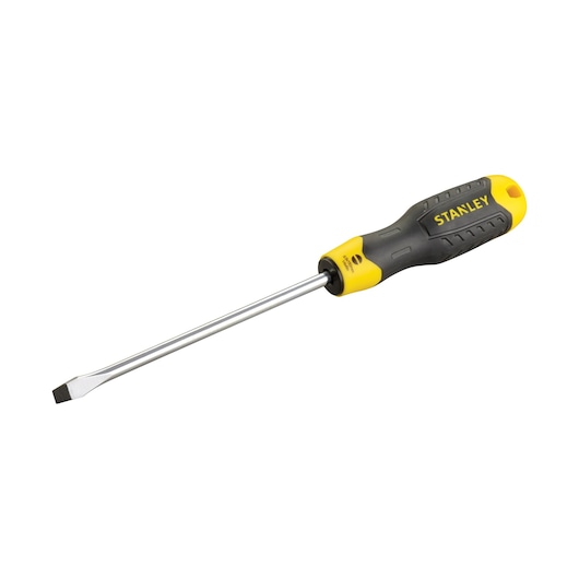 STANLEY 0-64-919 flathead screwdriver with yellow and black ergonomic handle, product side view.