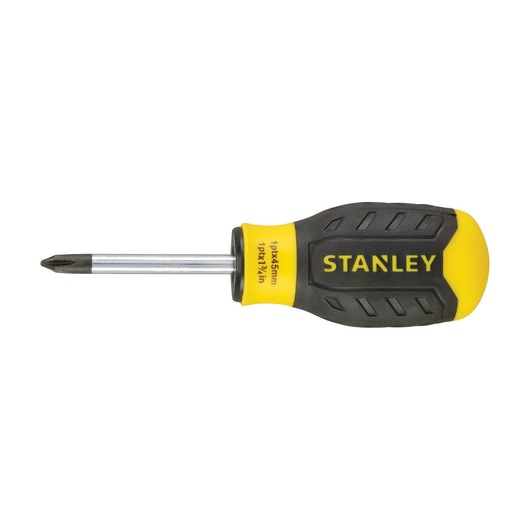 Stanley yellow and black Phillips screwdriver with short handle and metal shaft.