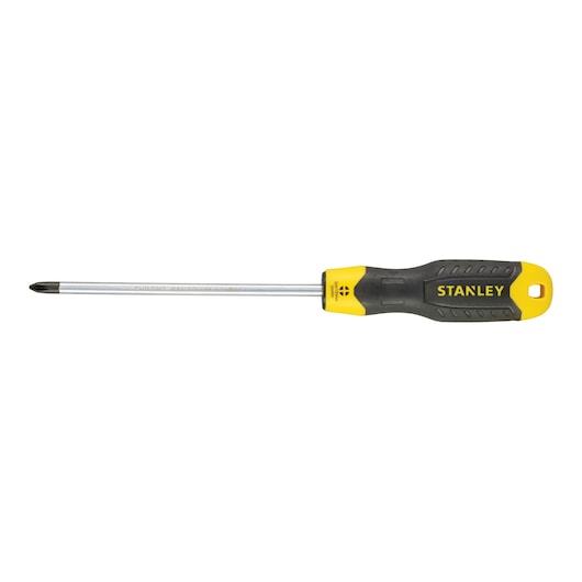 Stanley Phillips screwdriver with black and yellow handle, long metal shaft, shown on white background.