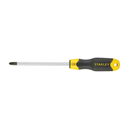 Stanley Phillips screwdriver with black and yellow handle and silver shaft, isolated on white background.