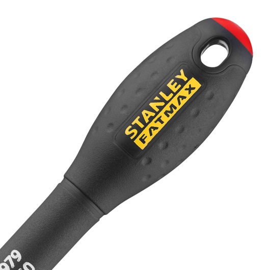 STANLEY 0-64-979 screwdriver handle, black with yellow logo, rounded end with red accent, close-up, white background.