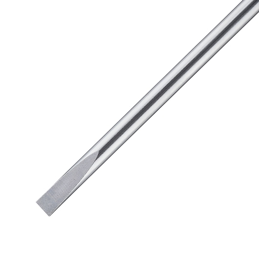 STANLEY 0-64-984 slotted screwdriver with chrome finish, photography of shaft and tip on white background.
