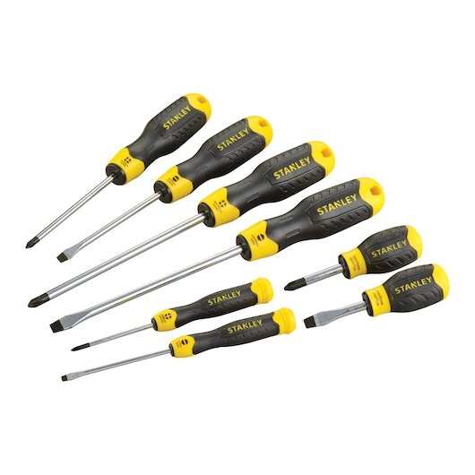 Photo of STANLEY 0-65-011 screwdriver set with eight black and yellow screwdrivers, shown on white background.