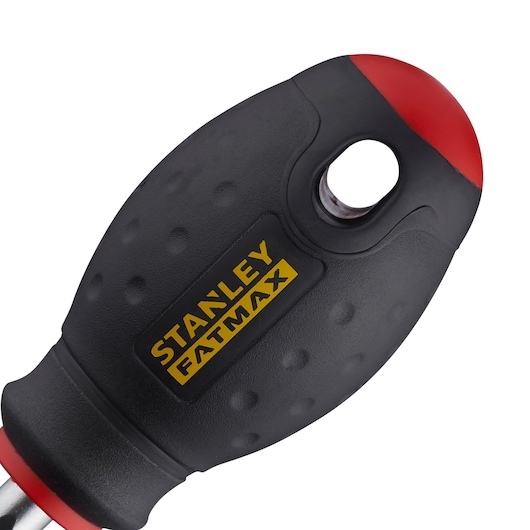 STANLEY 0-65-404 screwdriver handle close-up with black textured grip and red end, FATMAX branding visible.