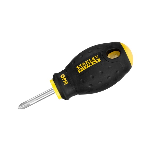 STANLEY 0-65-406 FATMAX stubby Phillips screwdriver, black and yellow handle, side angle photo.