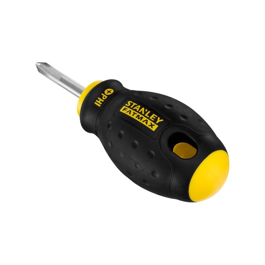 STANLEY 0-65-406 FatMax stubby Phillips screwdriver, black and yellow, photo on white background