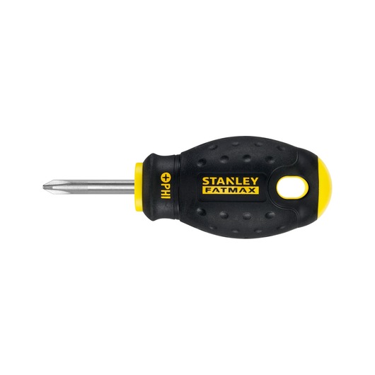 STANLEY 0-65-406 stubby Phillips screwdriver with black and yellow FATMAX handle, side view on white background.