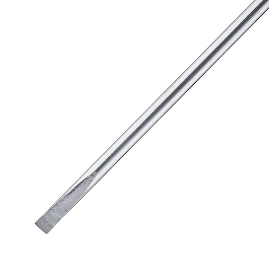 Photo of STANLEY 0-65-478 flathead screwdriver shaft, silver metal, close-up, white background.