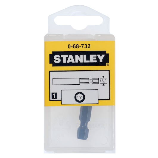 Photo of STANLEY 0-68-732 hex screwdriver bit in packaging, 1/4 inch size, front angle, yellow label.