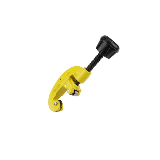 STANLEY 0-70-448 yellow pipe cutter with black knob, side angle on white background.
