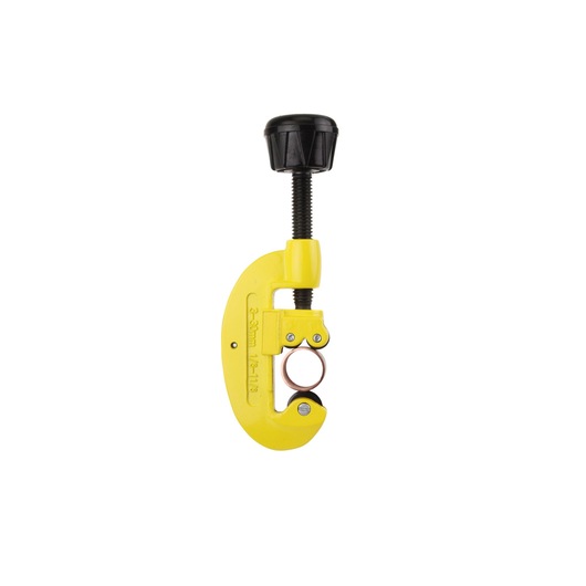 STANLEY 0-70-448 pipe cutter, yellow with black handle, front angle on white background.
