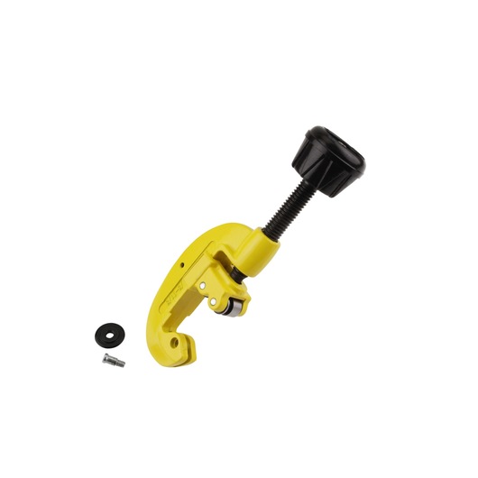 STANLEY 0-70-448 pipe cutter with yellow body, black handle, washer, and screw, side angle on white background.