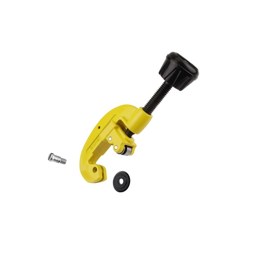 STANLEY 0-70-448 pipe cutter with black knob and yellow body, shown with extra cutting wheel and screw, product photography.