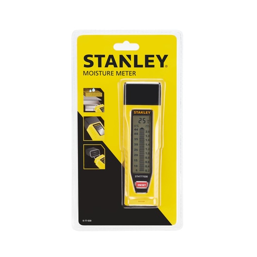 STANLEY 0-77-030 moisture meter in yellow and black blister packaging, front view showing LCD screen and ONSET button.