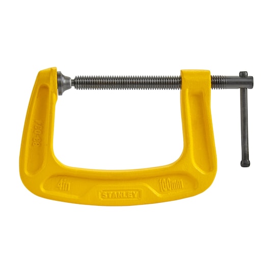 Yellow STANLEY C-clamp for woodworking or metalworking, 4 inch size, with a threaded screw and handle.