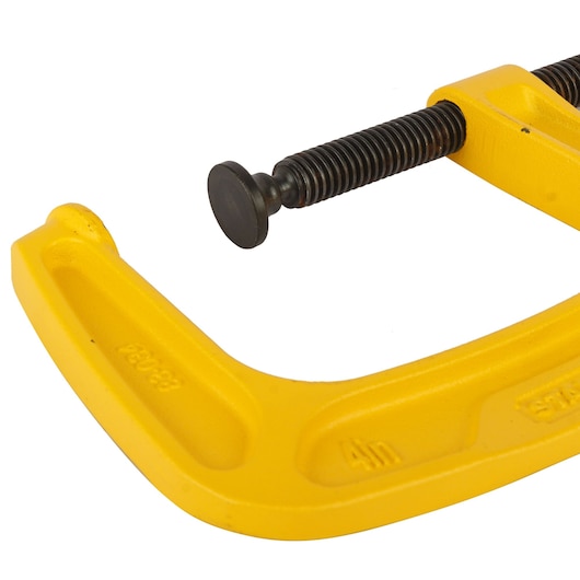 STANLEY 0-83-034 yellow C-clamp close-up, showing metal screw and sturdy cast frame, photography white background.