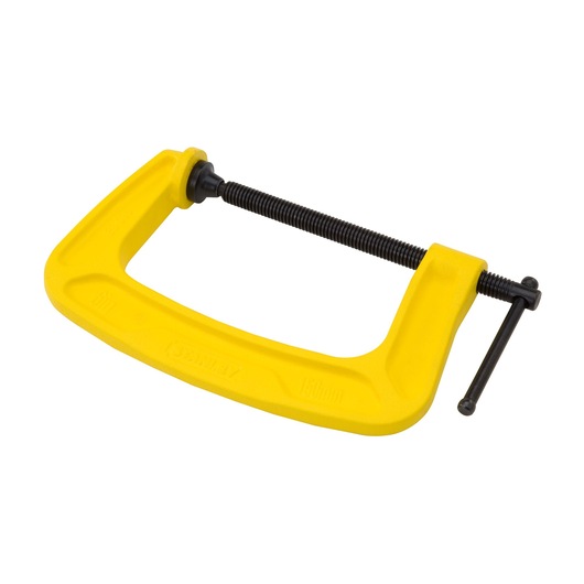 STANLEY 0-83-035 yellow C-clamp with black screw, side angle, photography clamp tool.