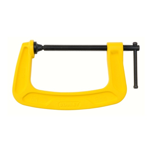 Yellow STANLEY C-clamp with black screw, used for holding objects securely in woodworking or repairs.