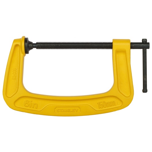 Stanley 6-inch yellow C-clamp, used for securing materials in woodworking or photography setups.