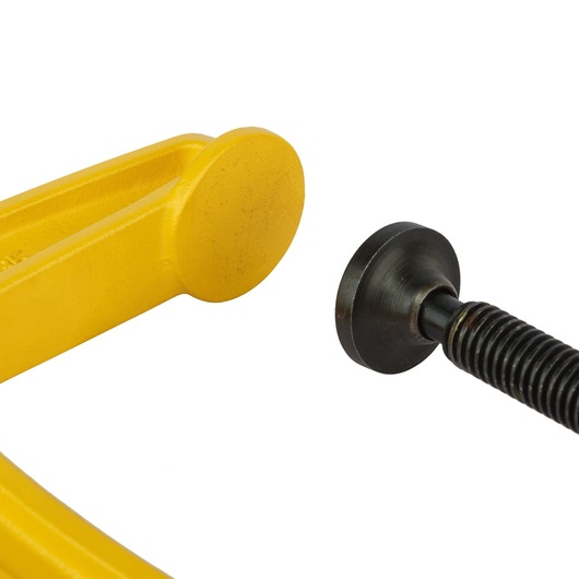 STANLEY 0-83-035 photography of yellow clamp close-up with black threaded spindle on white background.