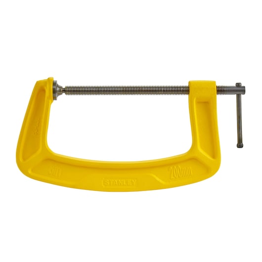 Photo of STANLEY 0-83-036 C-clamp, yellow frame with silver screw, product on white background, side angle.