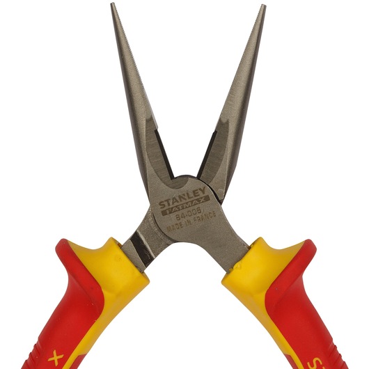 STANLEY 0-84-006 long nose pliers with red and yellow insulated handles, front angle on white background.