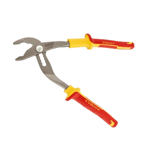 Photo of STANLEY 0-84-294 water pump pliers with red and yellow insulated handles, angled view on white background.