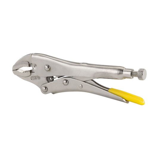 STANLEY 0-84-808 locking pliers with curved jaws, silver finish and yellow handle, side angle photo.