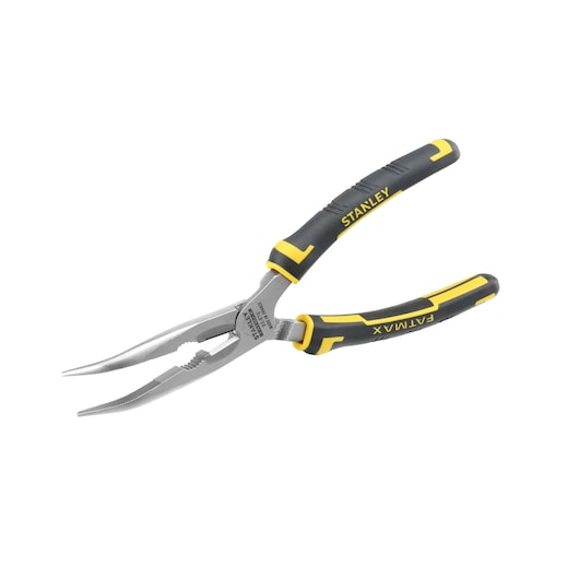 STANLEY 0-89-872 long nose pliers with black and yellow ergonomic handles, side angle on white background.
