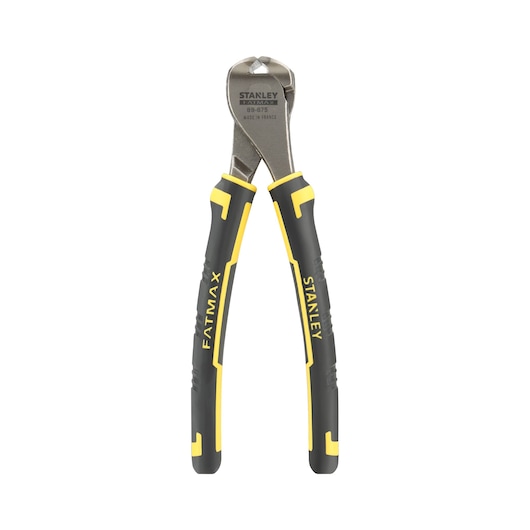 STANLEY 0-89-875 FATMAX diagonal cutting pliers, black and yellow handles, front angle photo.