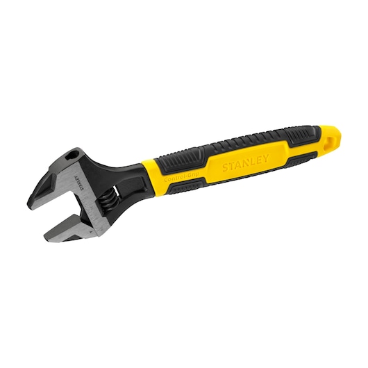 Stanley adjustable wrench with a yellow and black grip handle, shown on a white background.