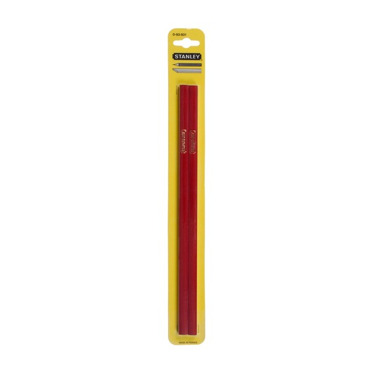 Photo of STANLEY 0-93-931 red carpenter pencils set, product on yellow packaging, front angle.