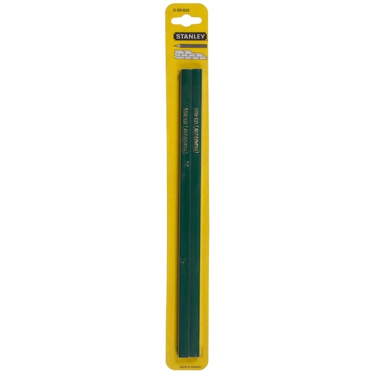 Stanley 0-93-932 masonry pencils pack, green pencils on yellow card, front view.