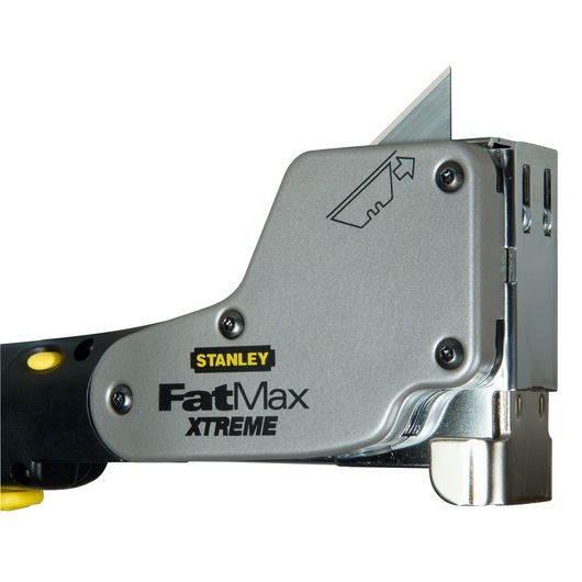 Stanley FatMax Xtreme heavy duty stapler with visible blade, metallic finish, and ergonomic handle.
