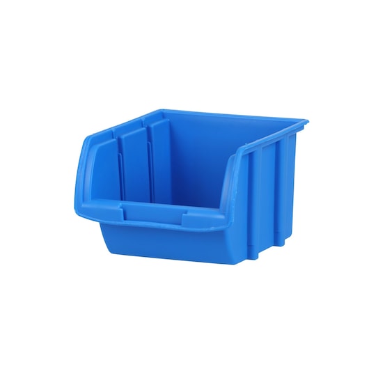 STANLEY 056100-015 blue plastic storage bin, open front, angled perspective, on white background.