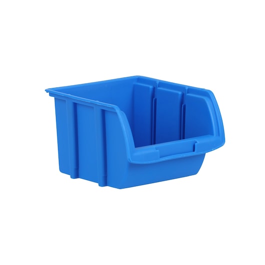 STANLEY 056100-015 blue plastic storage bin, angled front, product photography on white background.