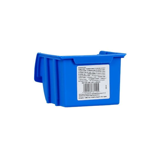 Photo of STANLEY 056100-015 blue storage bin rear angle with white product label, white background.