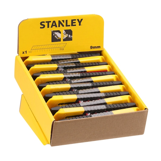 STANLEY 1-10-150 utility knives, bulk pack in yellow display box, 9mm blades, front angle photo.
