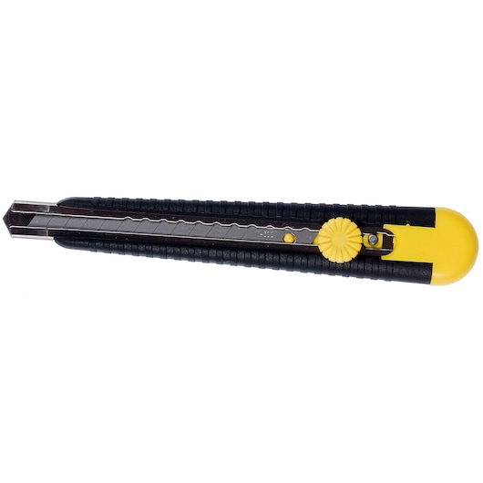 Stanley utility knife with retractable segmented blade and yellow-black handle, viewed from above.