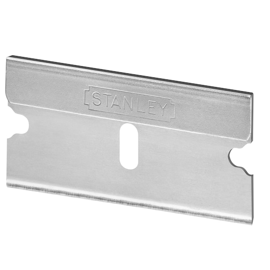 STANLEY 1-11-515 single-edge razor blade, silver metal, side angle on white background.