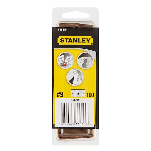 STANLEY 1-11-515 pack of #9 utility blades, 100 count, product shown in front view with clear packaging.
