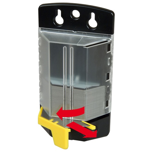 STANLEY 1-11-700 utility blades dispenser with clear body, black top, yellow slider, and red arrows front view.