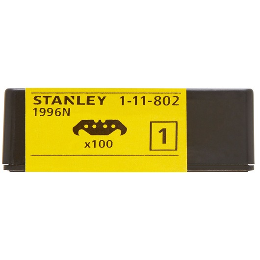STANLEY 1-11-802 utility blade pack, yellow label, front angle, contains 100 blades.